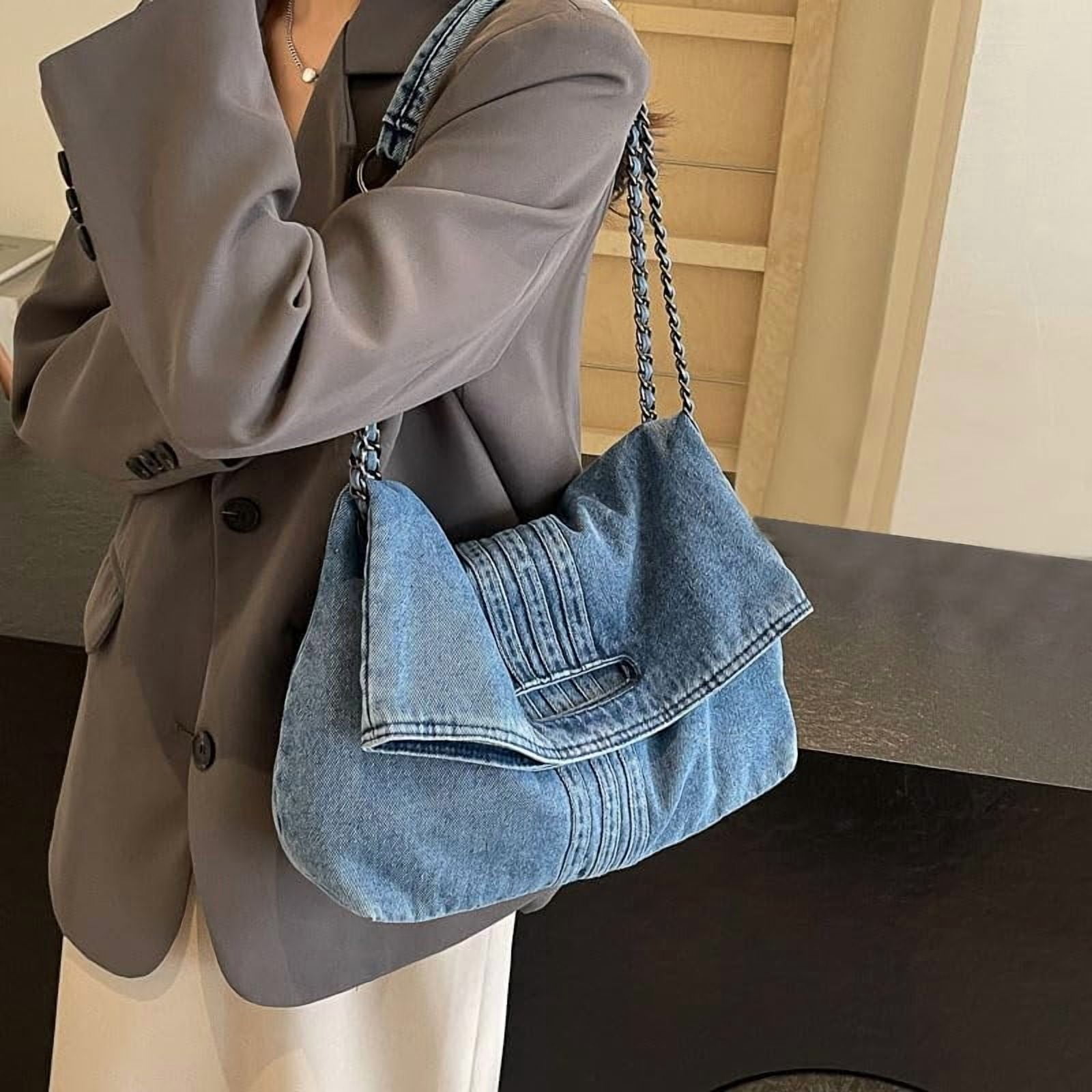 Women Denim Shoulder Handbag Retro Crossbody Bag Large Capacity Tote Purse Chain Strap Underarm Bag