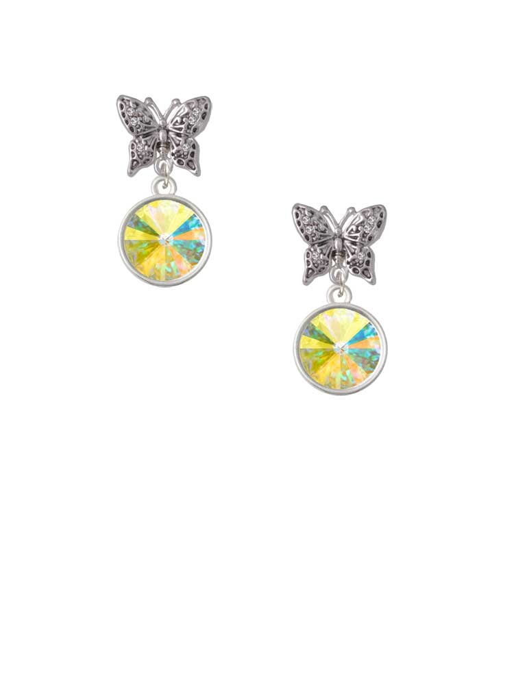 Delight Jewelry 12mm Crystal Rivoli - Clear AB Silvertone Antiqued Butterfly Post Earrings