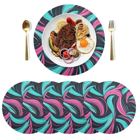 

Round Placemats Plate Mats 15 Inch Non-Slip Heat Resistant Washable PVC Set Table Decoration for Kitchen Dining Blue and Pink Lines