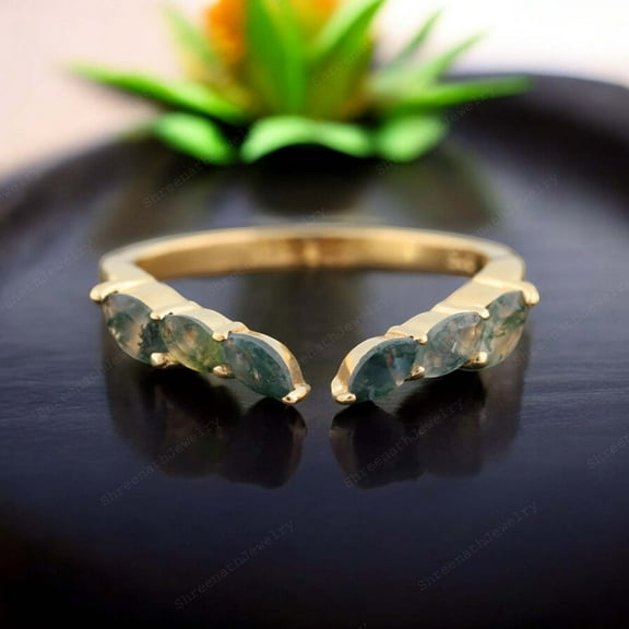 SHREENATHJEWELRY 4x2MM / 1.5Ct Natural Moss Agate Engagement Band- Open Proposal Wedding Band Christmas Gift For Women