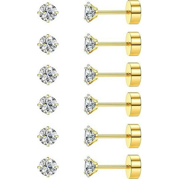 Xukmct 6 Pairs 14K Gold Plated Flat Back Stud Earrings Set 316L Steel Cubic Zirconia Earring Piercing Earring for Women Men, Gold, 3MM
