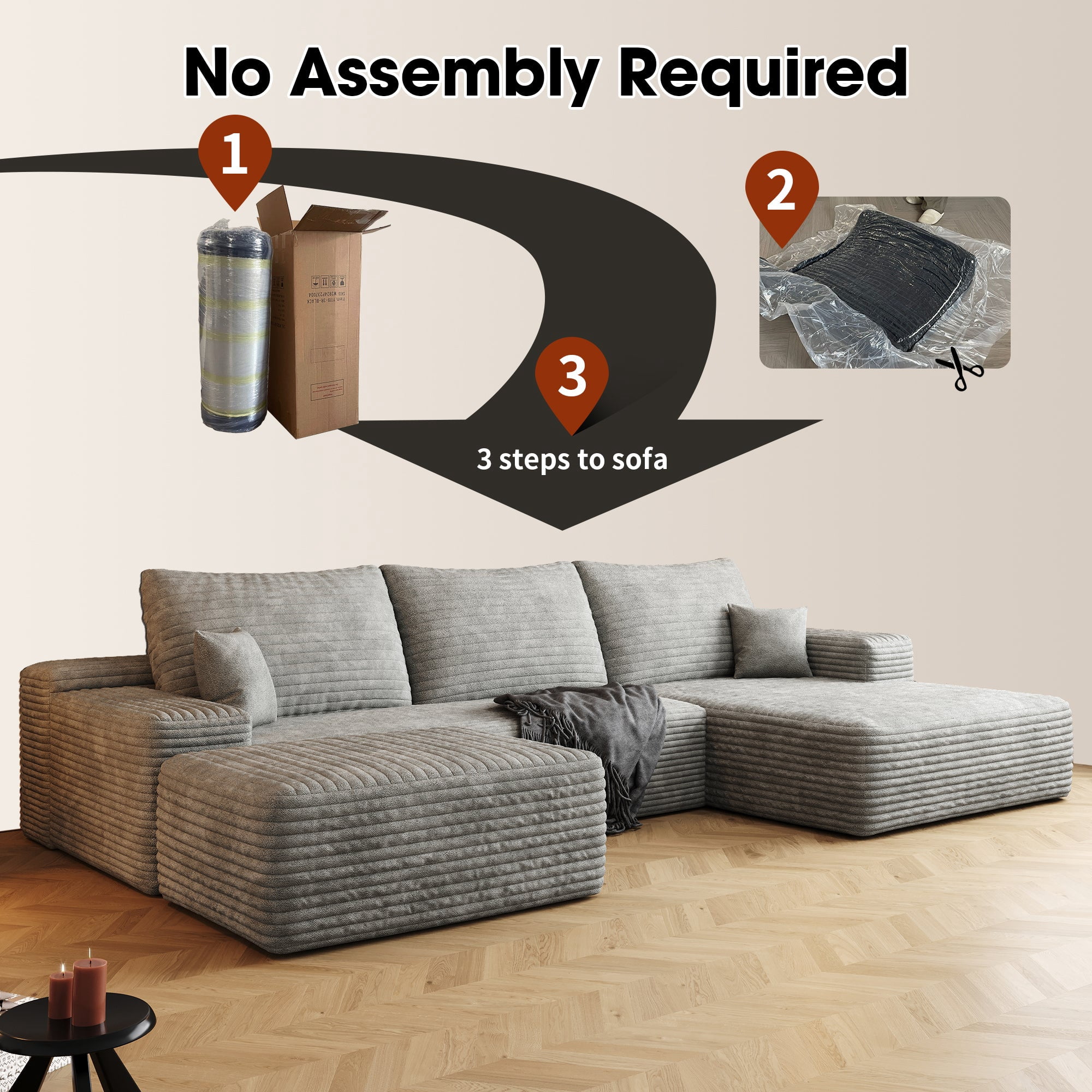 Sailvan 107" Cloud Sectional Couch, Cloudy Sofa with L-Shape Chaise & Ottoman, Upholstered Couches for Living Room & Bedroom, No Assembly Required, Plush Corduroy Fabric, Gray