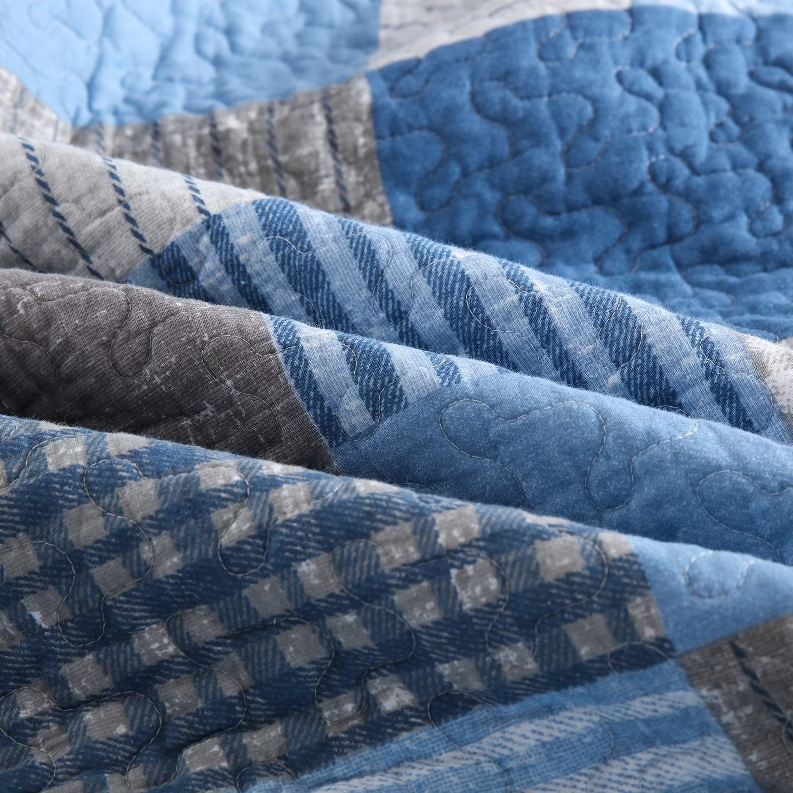 Bedduvit Cotton Quilt Queen Size - 3 Pieces 100% Cotton Lightweight Soft Blue Brown Queen Quilt Set with 2 Pillow Shams,Reversible Striped Plaid Queen Bedspread/Coverlet/Bedding Set for All Seasons