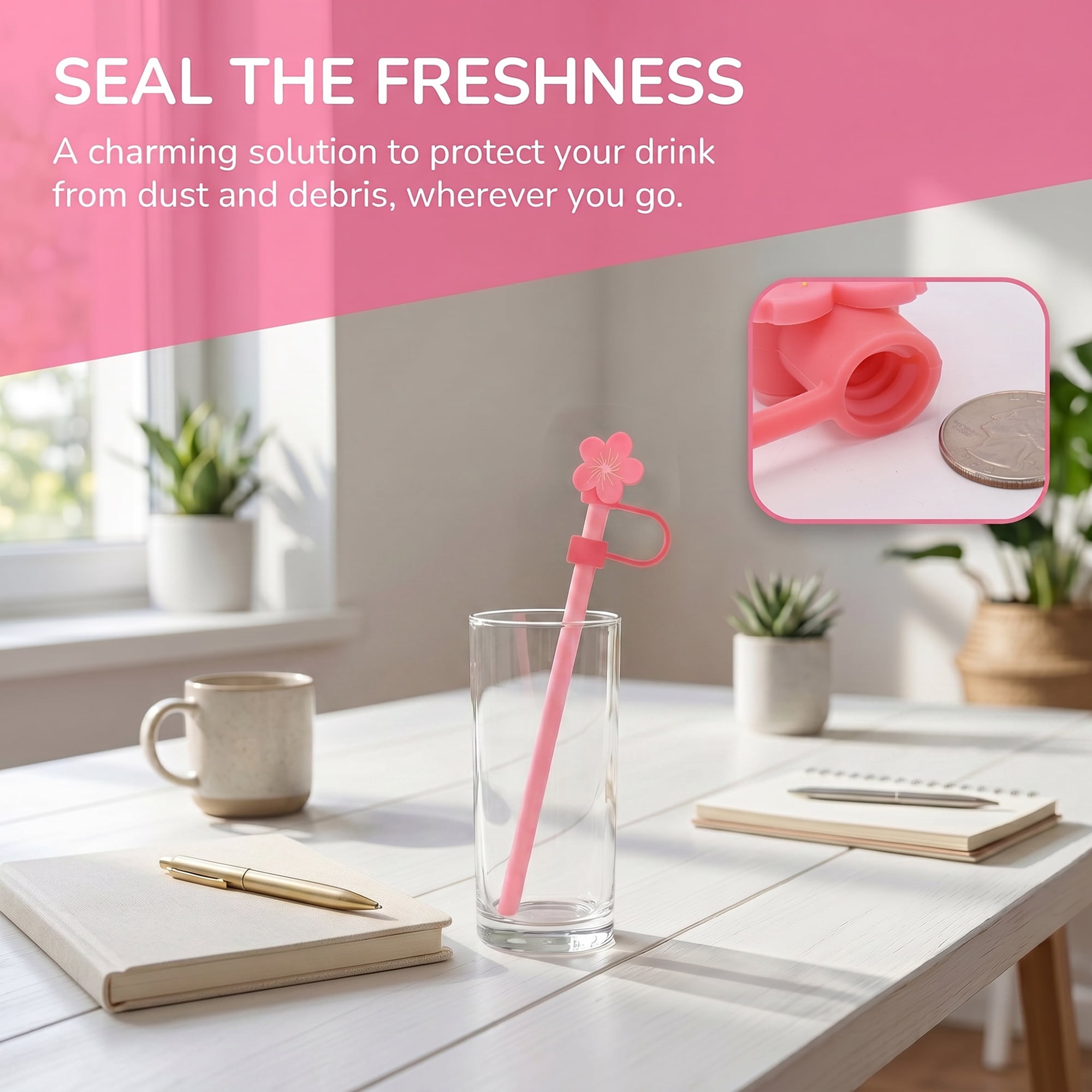 Unique Bargains 2Pcs Floral Silicone Straw Caps Reusable Dust-Proof Toppers Rose Red A