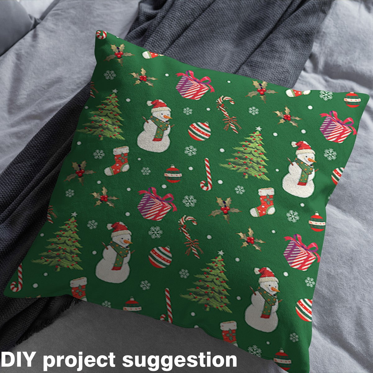 Homewish Green Xmas Tree Fabric by the Yard 2 Yards for Girls, Kawaii Winter Snowman Sewing Fabric, Santa Claus Gift Fabric for Sewing, Breathable Home Decor