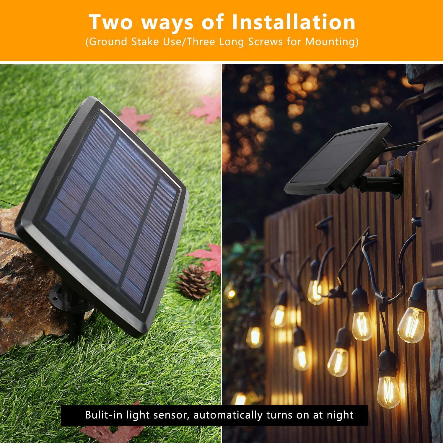48FT Solar-Powered Outdoor String Lights With 15 Lights Commercial Grade Strand For Patio, Porch, Deck, Party