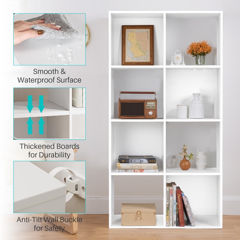 Beddle 8-Cube Storage Organizer, Open Bookshelf with Removable Back Panels, White Wood Bookcase for Living Room, Bedroom and Home Office