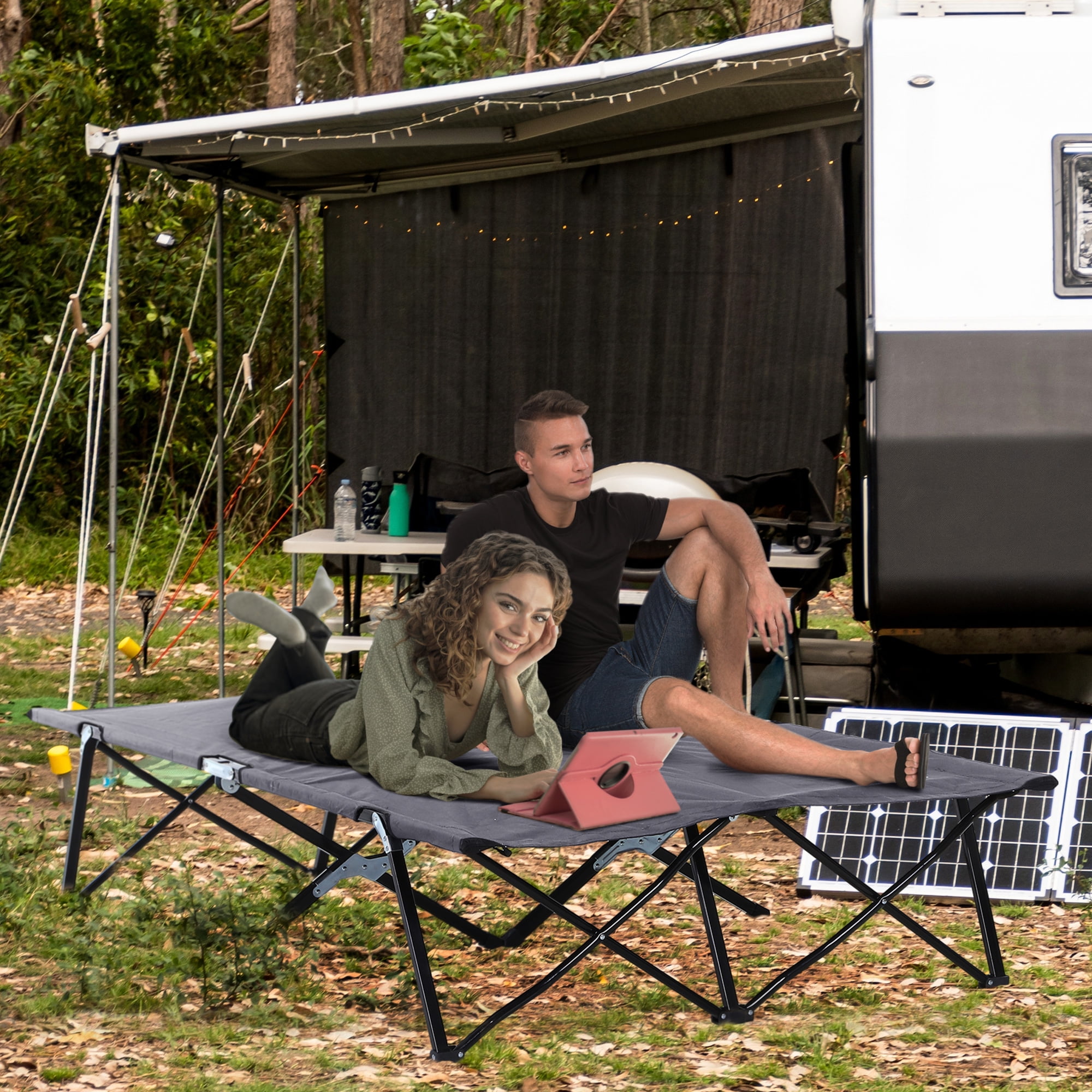2 Person Folding Camping Cot for Adults, 50" Extra Wide Outdoor Portable Sleeping Cot with Carry Bag, Elevated Camping Bed, Beach Hiking, Grey