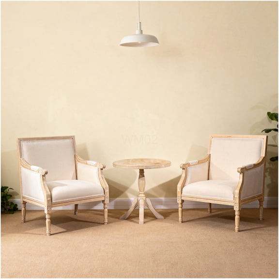 French Country Accent Chair with Linen Upholstery and Distressed Wood Frame, Beige