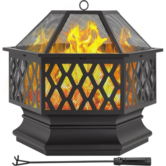 Wubio 26in Fire Pits for Outside Hex Shaped Fire Pit Wood Fire Pit Outdoor Fireplace for Bonfire Patio Picnic BBQ, with Spark Cover, Fire Poker