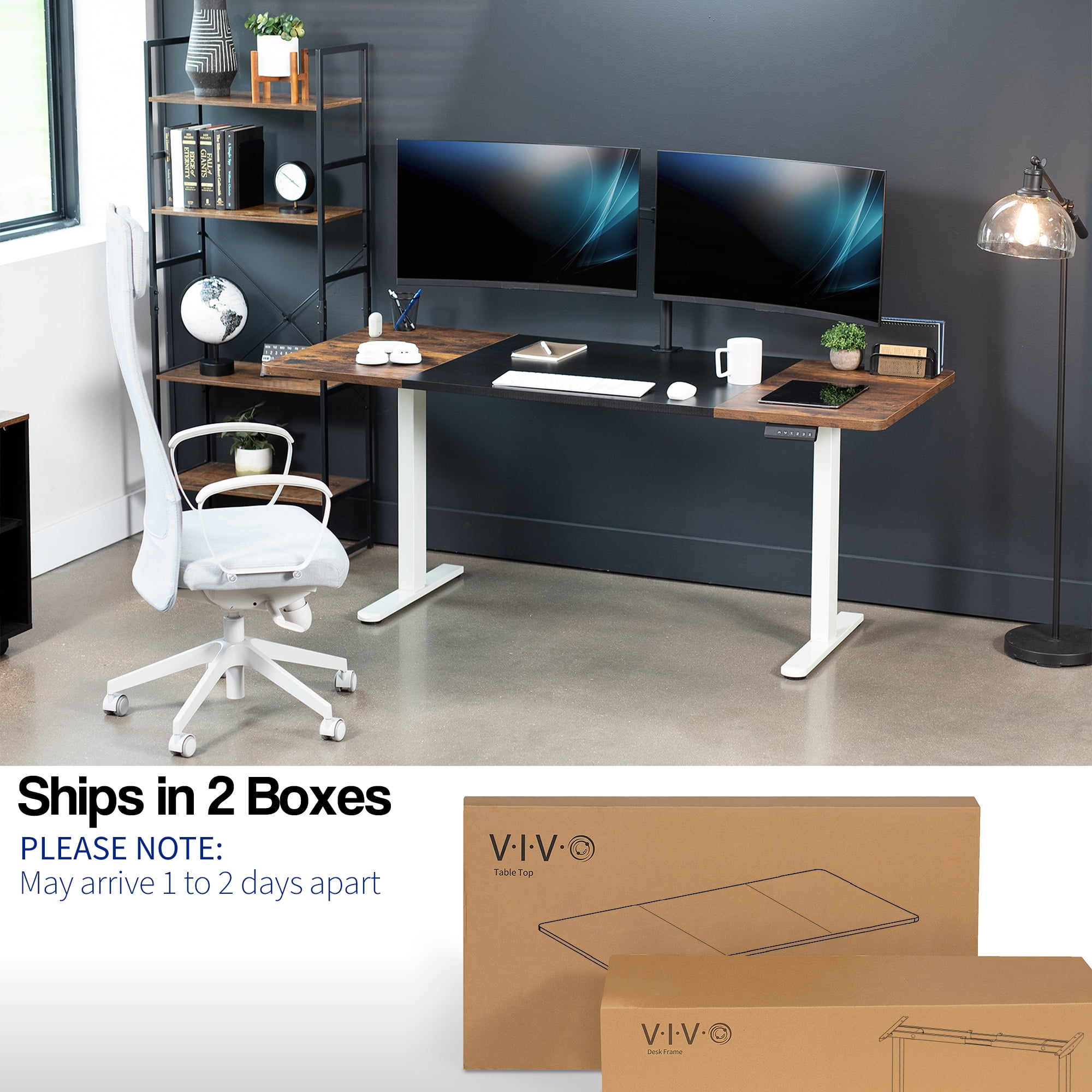 VIVO Electric Dual Motor 71” x 30” Desk, Black & Vintage Brown Top, White Frame