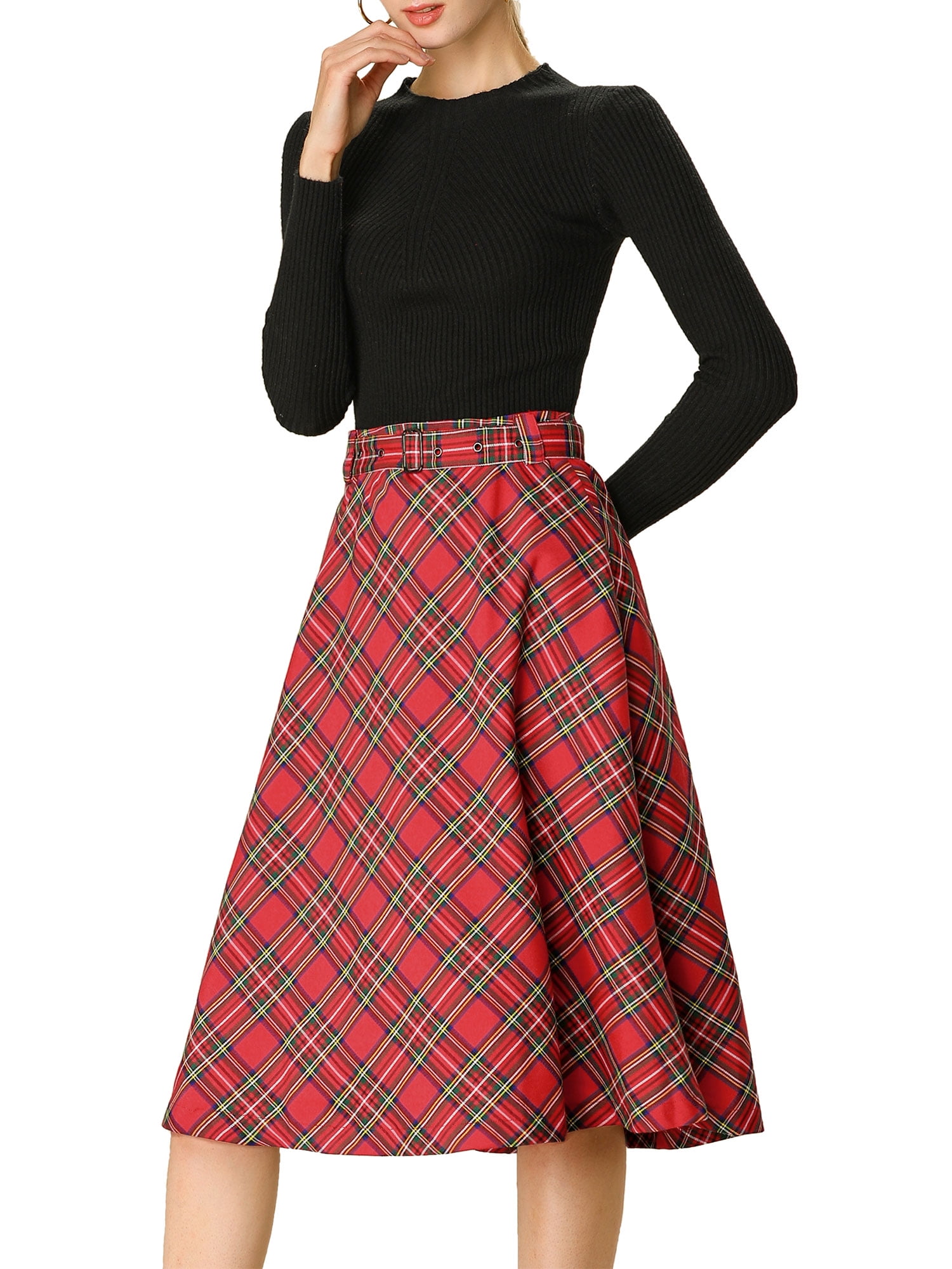Bristol Navy Blue And Red Plaid Flannel Midi Skirt, 59% OFF