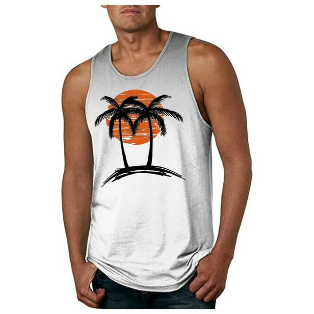 Men's Sleeveless Graphic Tank Tops Coconut Tree Print Casual Tops for Everyday Wear Beach Style Muscle Shirts