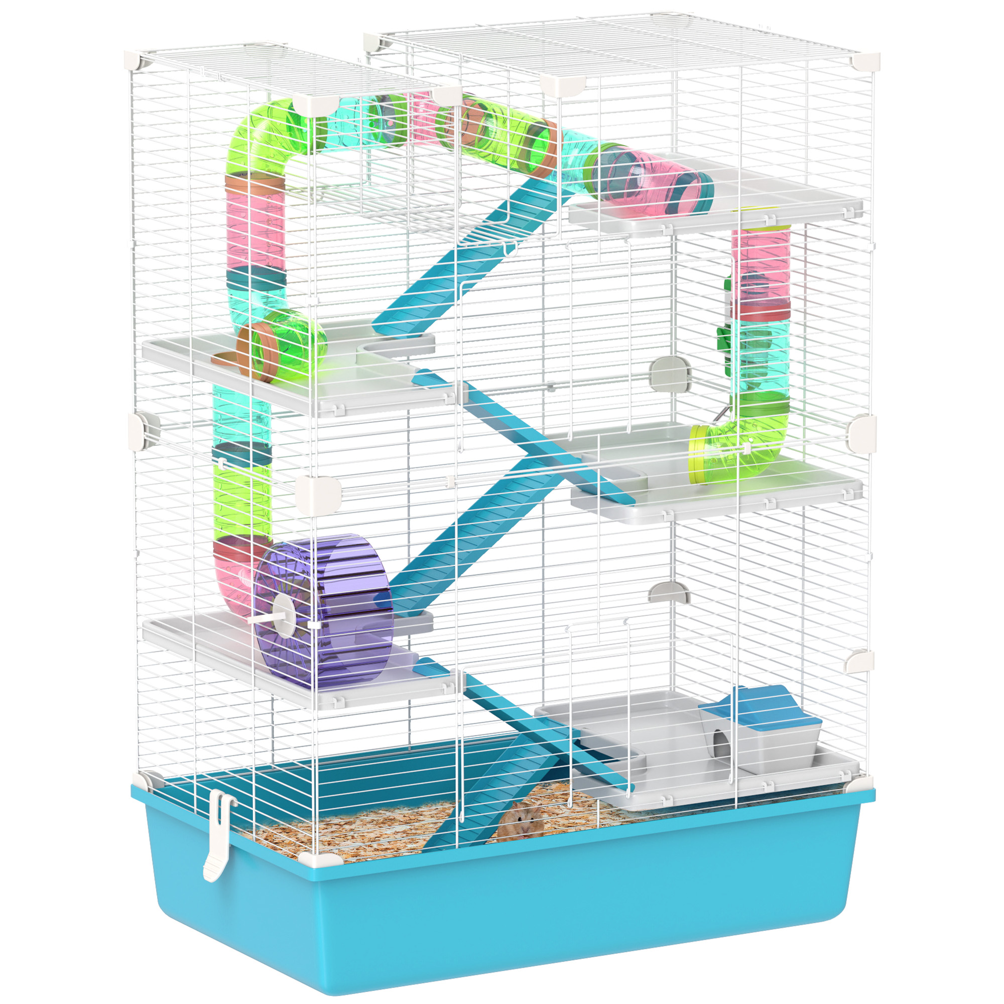 PawHut 32" Hamster Cage, 6 Tier Small Animal Cage with Tubes and Tunnels, Hut, Wheel, Food Dish, Water Bottle, Ramps, for Dwarf & Gerbil, Light Blue