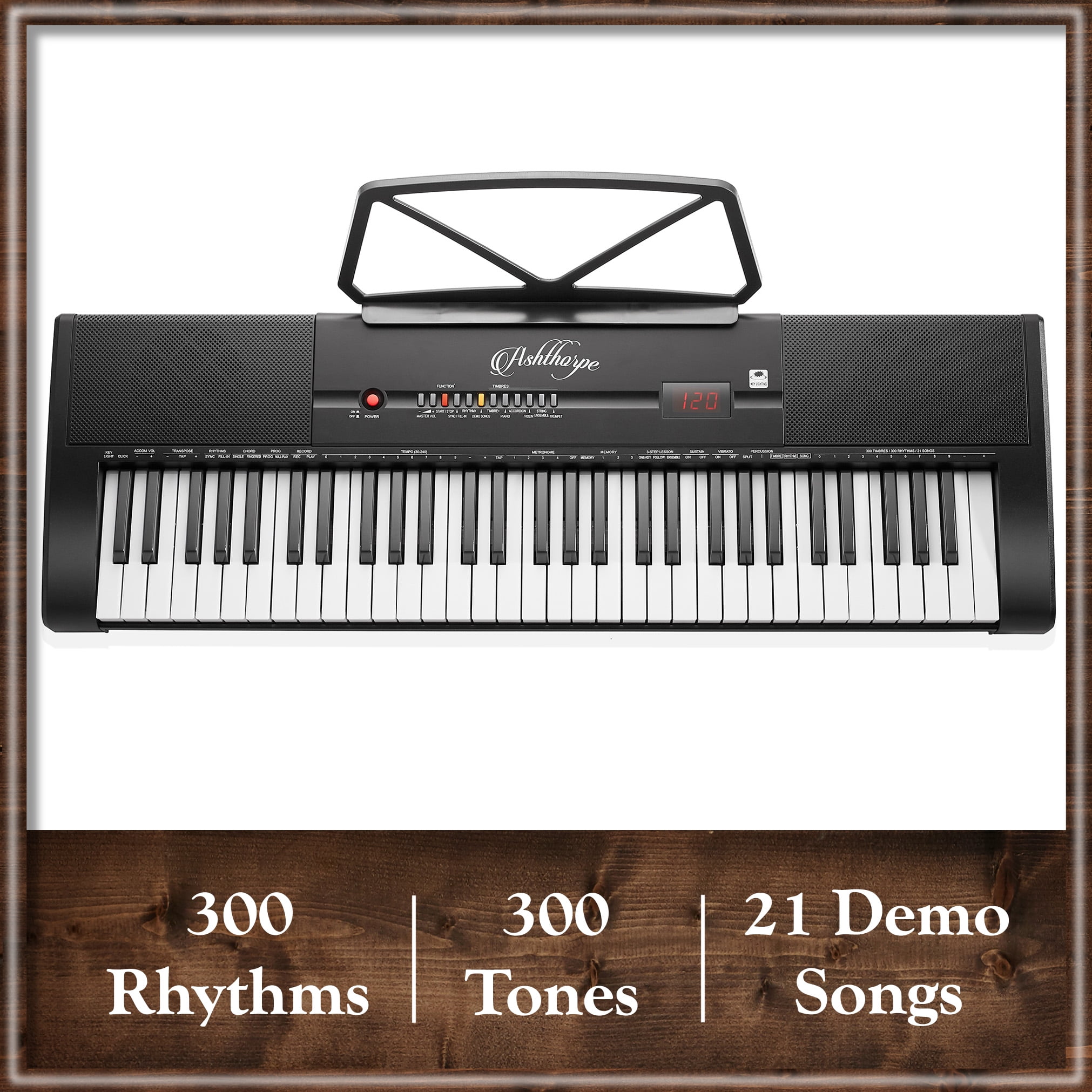Ashthorpe 61-Key Digital Electronic Keyboard Piano with Light Up Keys, Portable Beginner Kit with Stand and Stool