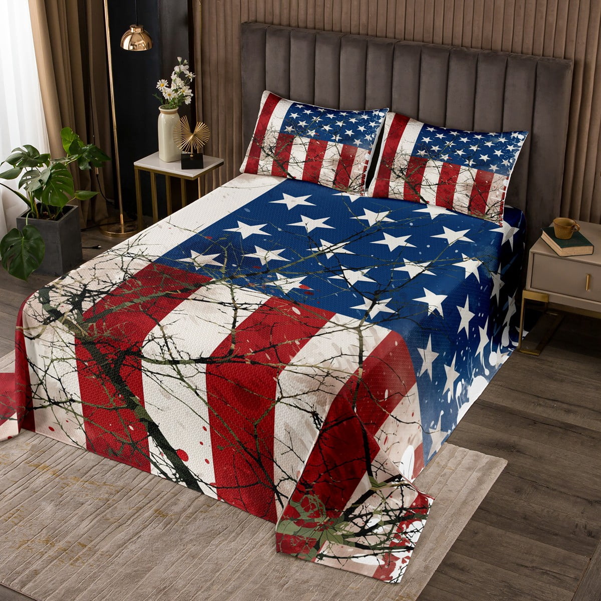 American Flag Bedspread Set Stars and Stripes Queen Quilt Set, Wooden Branches Rustic Decor Bed Set Retro Grunge USA Flag Coverlet Set for Teens Youth Bedroom,1 Bedspread 2 Pillowcases
