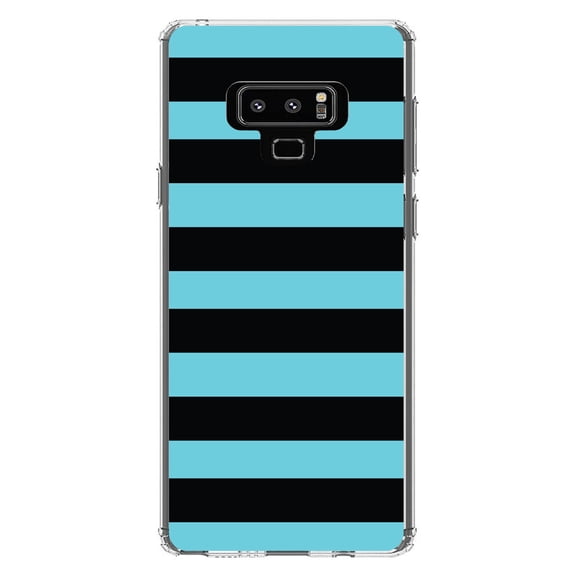 DistinctInk Clear Shockproof Hybrid Case for Samsung Galaxy Note 9 - TPU Bumper, Acrylic Back, Tempered Glass Screen Protector - Black & Cyan Bold Horizontal Stripes