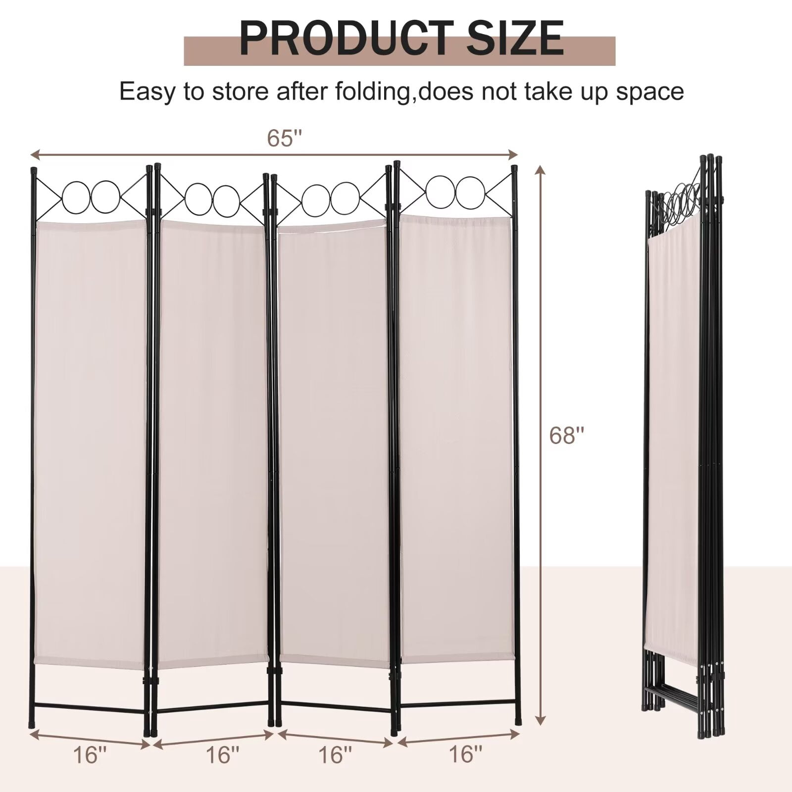 YRLLENSDAN,4 Panel,Room Dividers Panel,Folding Screen Room Divider,Office Partition Walls,Independent Type,Portable,Steel Frame,Tan