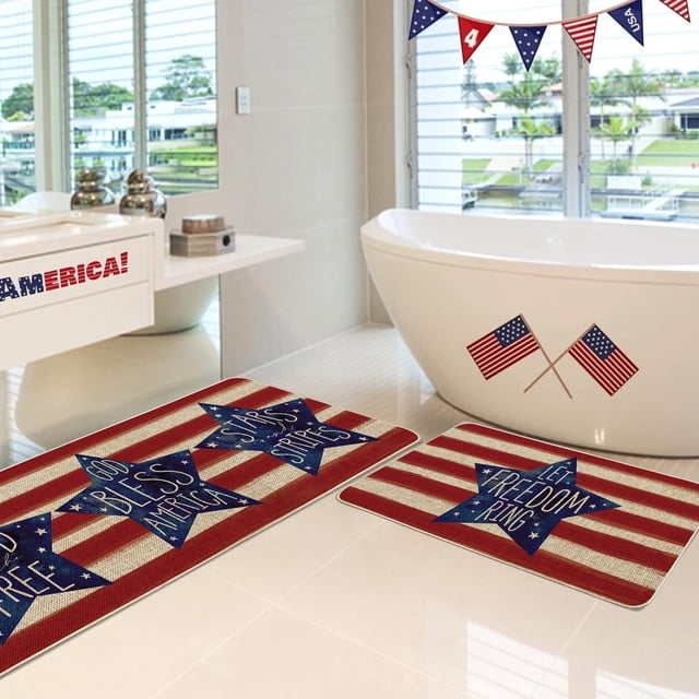 Weloille Independence Day Kitchen Rug Set 2Pcs, Non-Slip Wear Resistant Floor Mat, Absorbent Stain Resistant Low Profile Doormat, Holiday Carpet for Kitchen Entryway Laundry Room