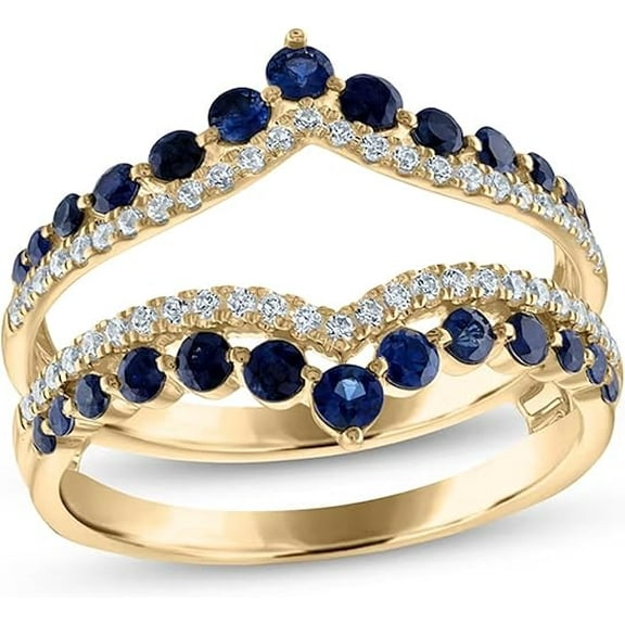 Zion Jewels 2.00CT Round Cut Blue Sapphire & Diamond Chevron Bridal Ring Enhancer Guard For Women | 14K Yellow Gold Finish