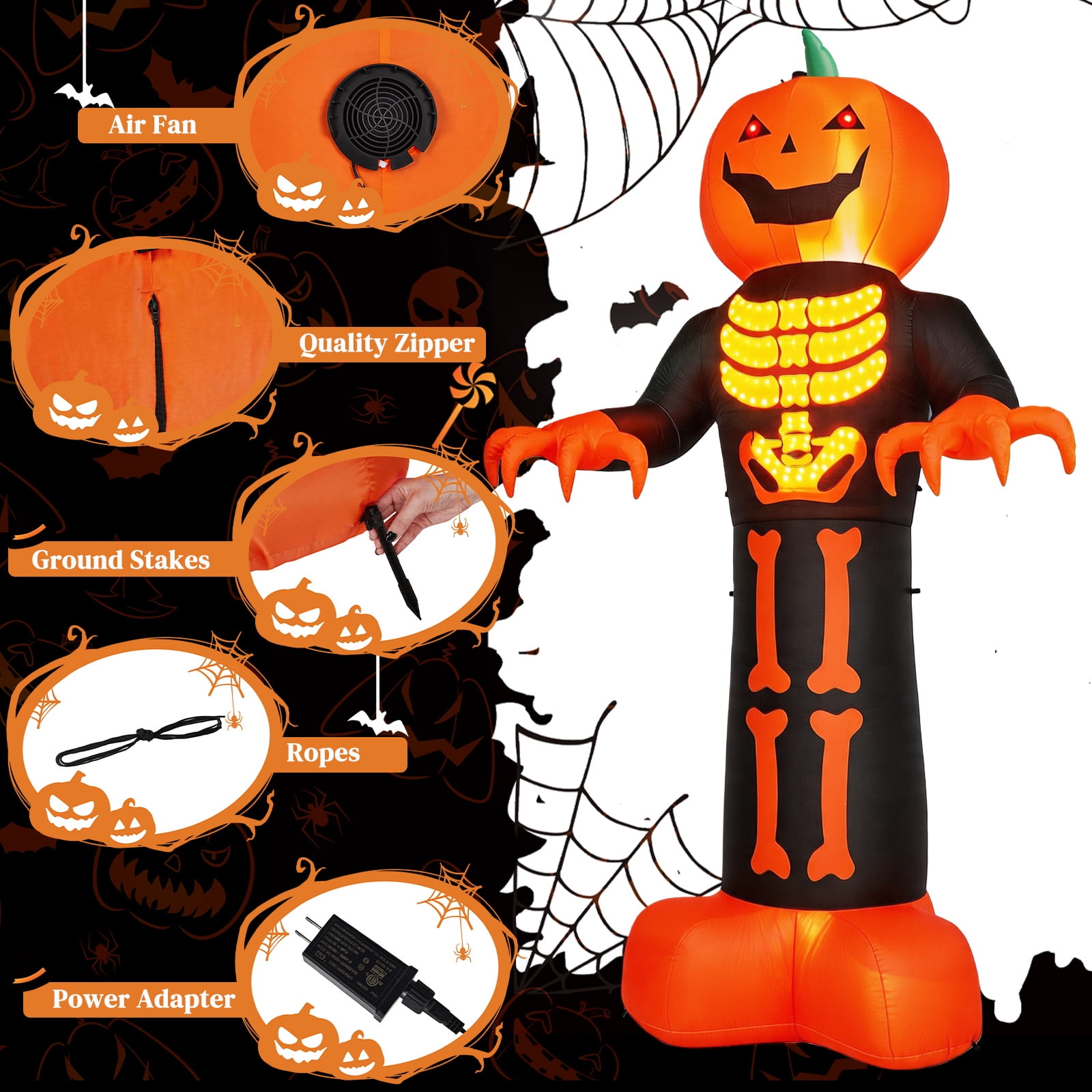 12ft Inflatable Halloween Decor with Skeleton Ribs, Pumpkin & Grim Reaper, 3 LED Lights + 115 Count String Lights, Black & Orange, 12V 2000mA US Power Adapter