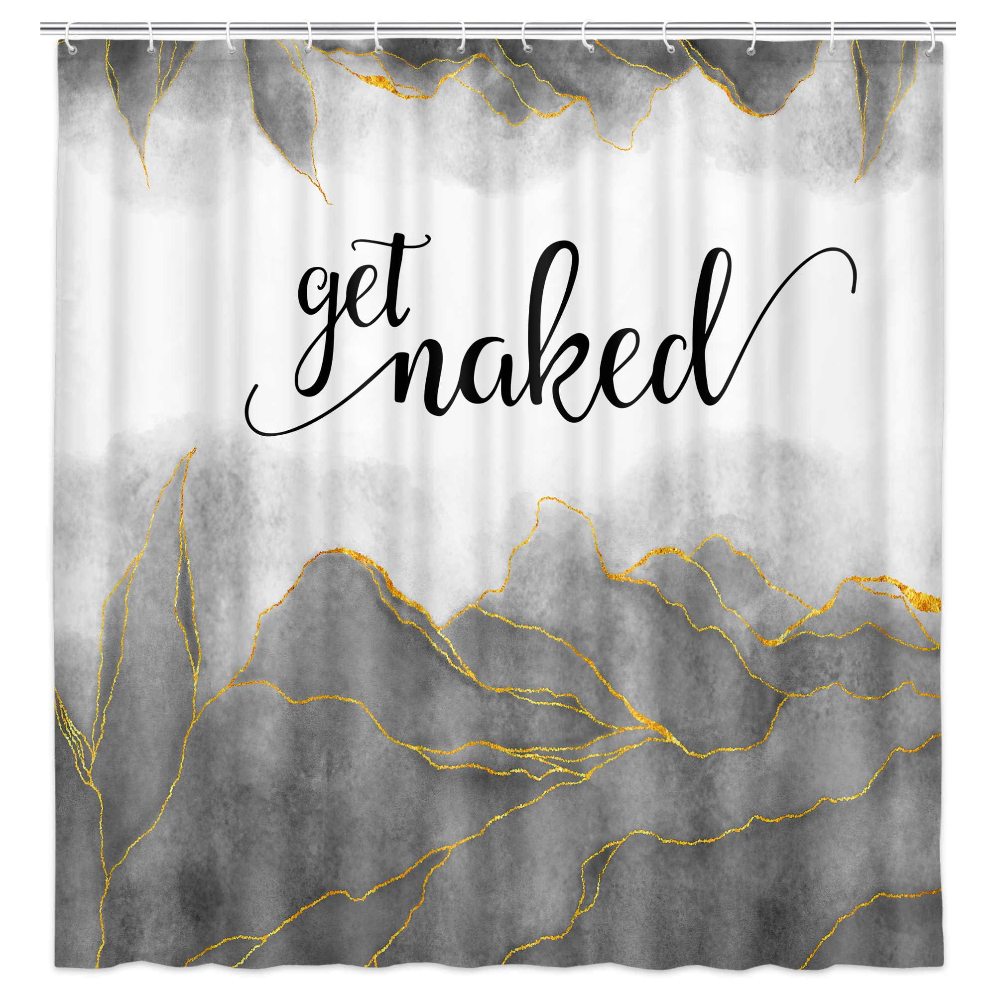 Get Naked Grey Shower Curtain, Golden Grey Marble Texture Shower Curtain Sets, Abstract Watercolor Modern Bathroom Curtain with Hooks Waterproof Fabric Decor, 48X70IN