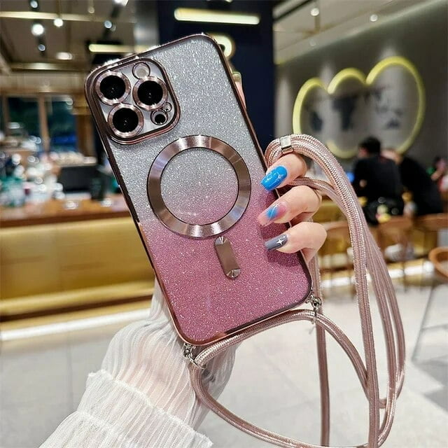 Crossbody Lanyard Gradient Glitter Magnetic Case For iPhone 15 14 13 12 11 Pro Max Plus For Magsafe Plating Soft TPU Back Cover