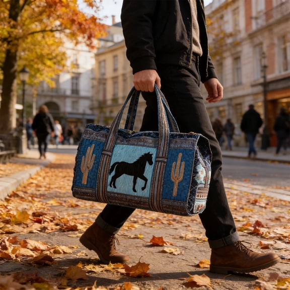 Kumdkd Portable Quilted Travel Bag with Horse Print, 18"x9"x9" Waterproof Weekender Bag, Durable Polyester Duffel with Multiple Pockets for Weekend Getaways & Business Trips