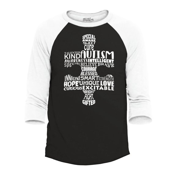 Shop4Ever Men's Puzzle Word Cloud Autism Awareness Raglan Baseball Shirt Medium Black/White
