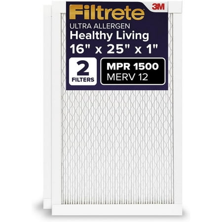 

Filtrete 16x25x1 AC Furnace Air Filter MERV 12 MPR 1500 CERTIFIED asthma & allergy friendly 3 Month Pleated 1-Inch Electrostatic Air Cleaning Filter 2-Pack (Actual Size 15.69 x 24.69 x 0.78 in)