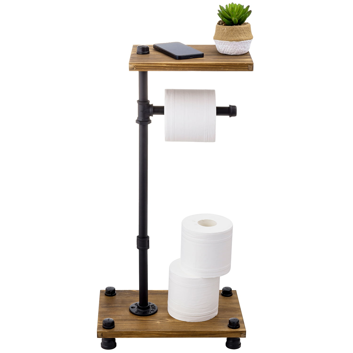 Dual-Roll Torched Wood & Black Metal Toilet Paper Holder with Shelf – MyGift