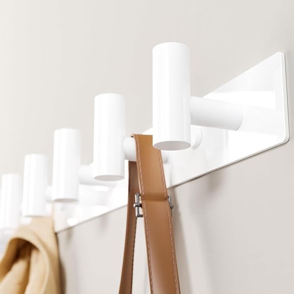 White Wall Mounted Coat Rack – 5 T-Shaped Pegs for Hats, Bags & Towels, Heavy-Duty Metal Rail for Entryway, Bathroom, Closet, Bedroom (1 Pack)