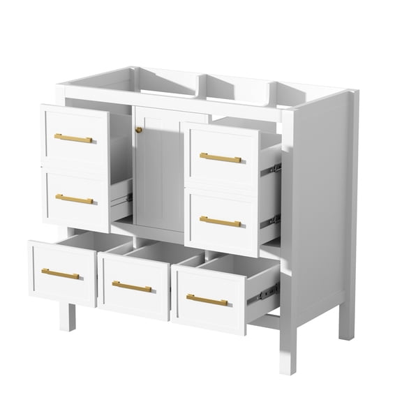 JERFIT 36 inch White Freestanding Bathroom Vanity No Sink, 5 Drawers & Soft Close Door Storage Cabinet, Solid Wood Frame Bathroom Organizer