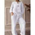 thumbnail image 3 of Womens Cotton Linen 2 Piece Sets V Neck Button Down Long Sleeve Shirt Wide Leg Trouser Sets with Pockets White 4XL, 3 of 5
