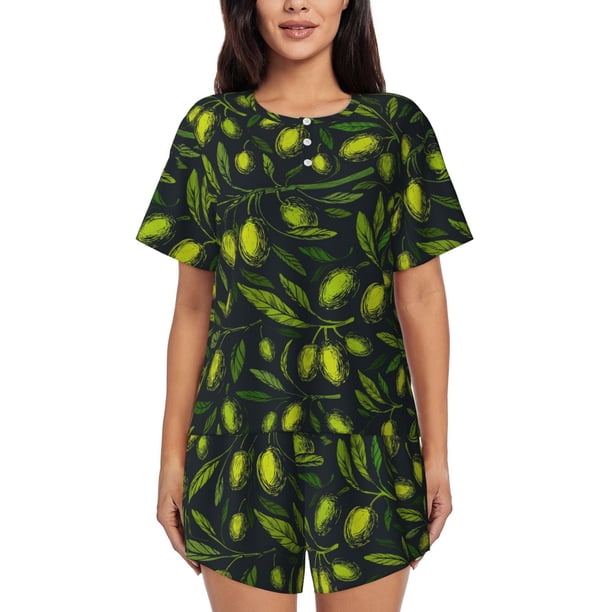 Fotbe Green Branch Olive Conjunto de Pijama Estampado para Mujer, 2 Piezas, Ropa de Dormir con Camiseta de Manga Corta y Shorts Suaves-Medium