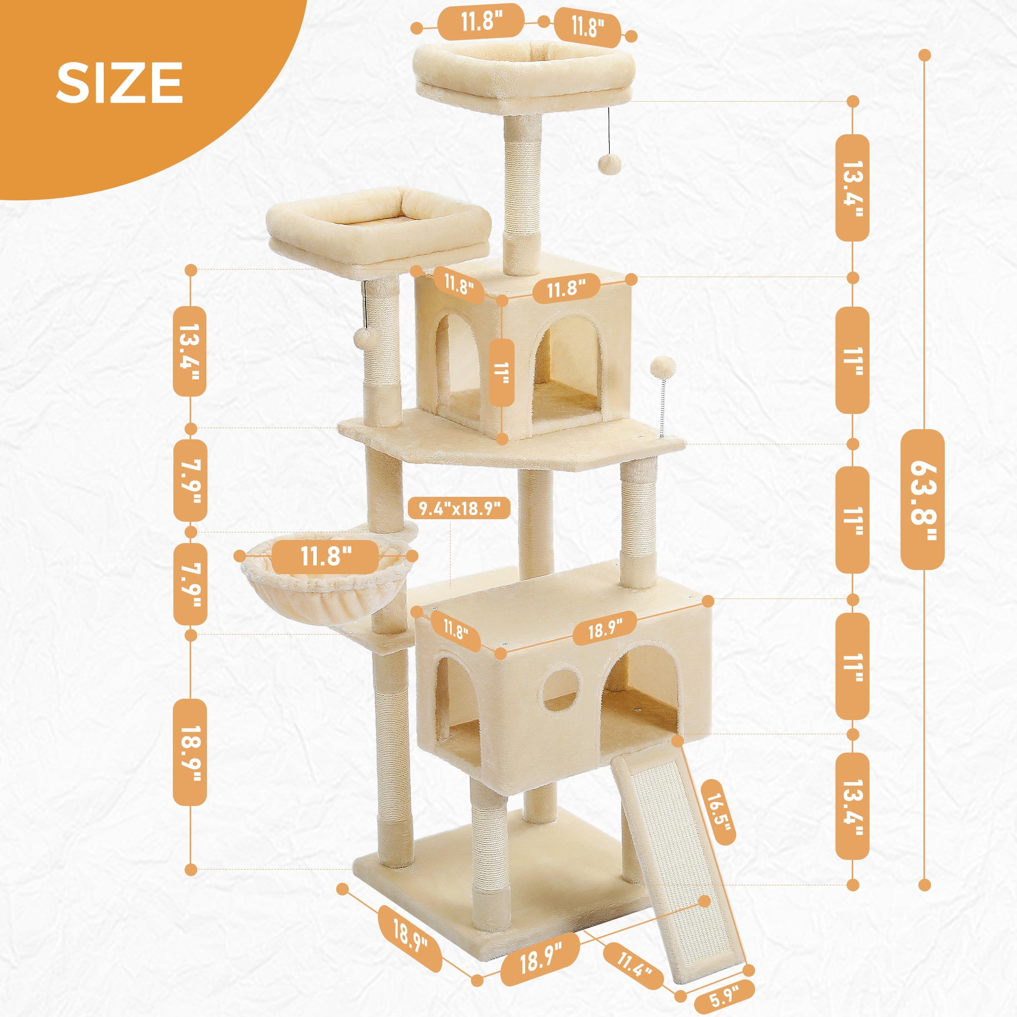 Kadyn 64" Multi-Level Cat Tree Tower for Large with Hammock, Plush Cat Condos for Indoor Cats, Beige