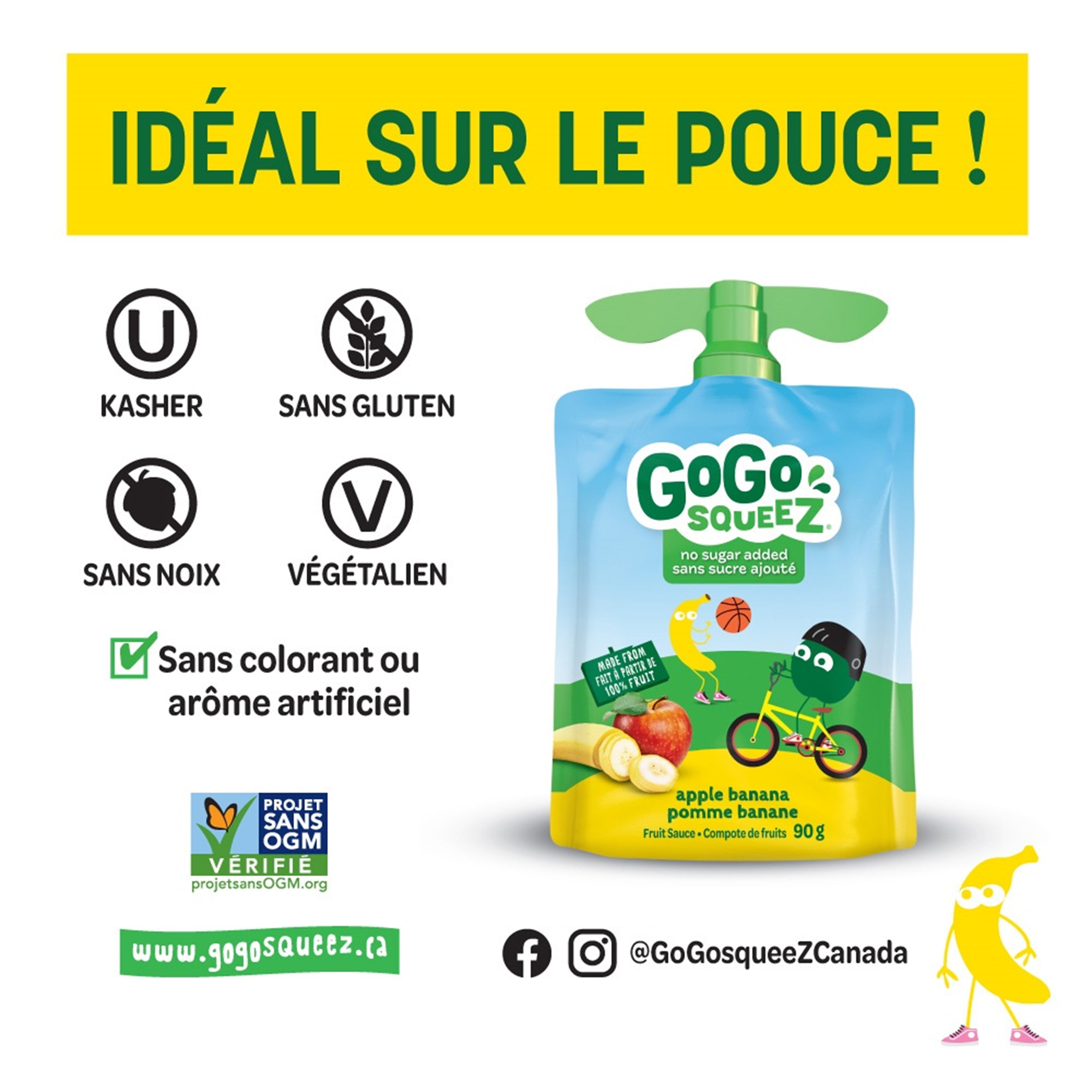 Compote de fruits GoGo squeeZ, pomme banane, sans sucre ajouté. 90 g par gourde, emballage de 4 4 gourdes x 90 g (360 g)