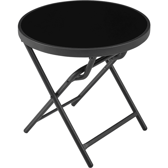 Renwick Outdoor Folding End Table with Tempered Glass Top, Black