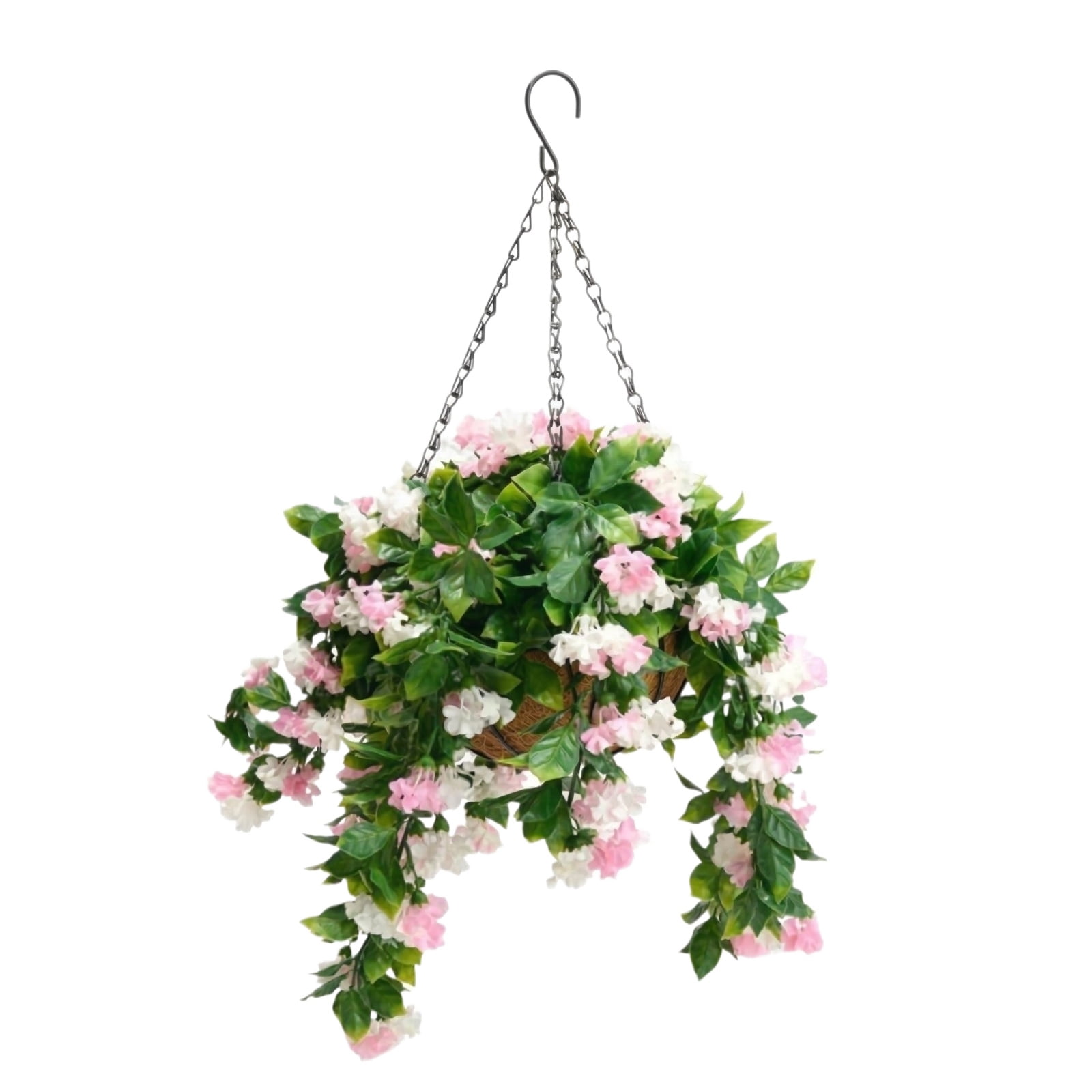 Artificial Hanging Flowers in Basket, 27.5" Silk Violet & Myrtle Hanging Plants with Coco Coir Liner, UV Resistant Faux Flowers for Outdoor Patio Garden Porch Home Decor, Set of 2