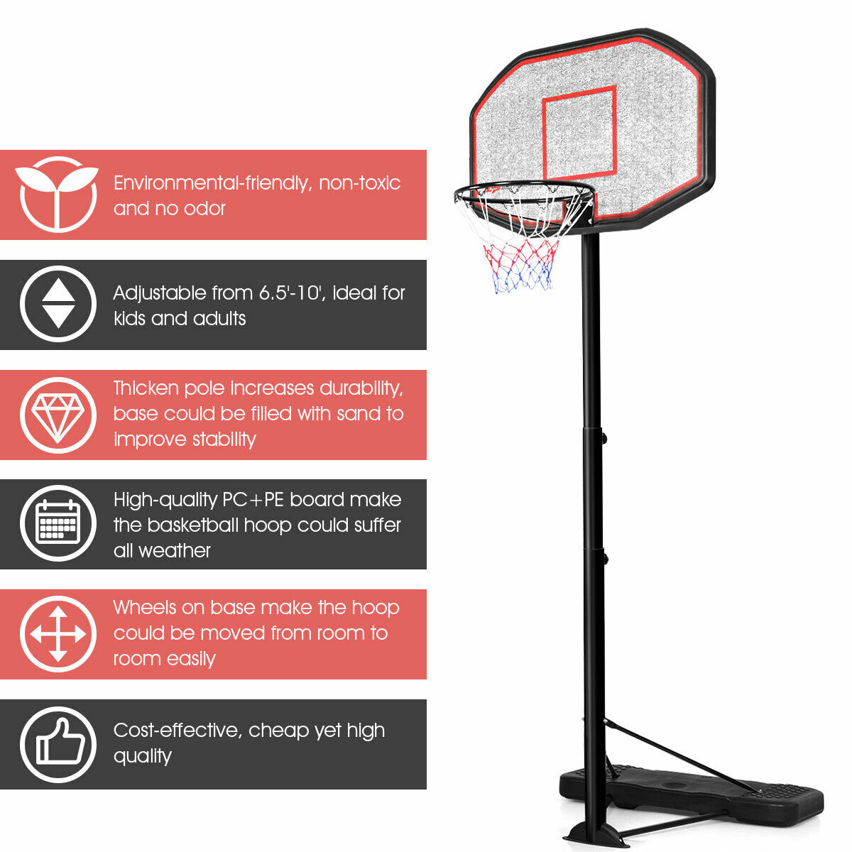 Costway 10ft 43'' Backboard In/outdoor Adjustable Height Basketball Hoop System - image 4 of 10