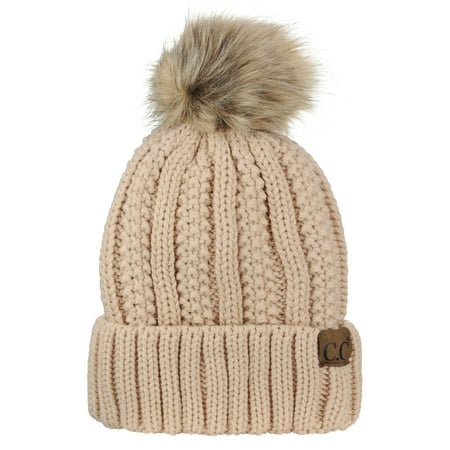 - C.C Thick Cable Knit Faux Fuzzy Fur Pom Fleece Lined Skull Cap Cuff Beanie, New Beige