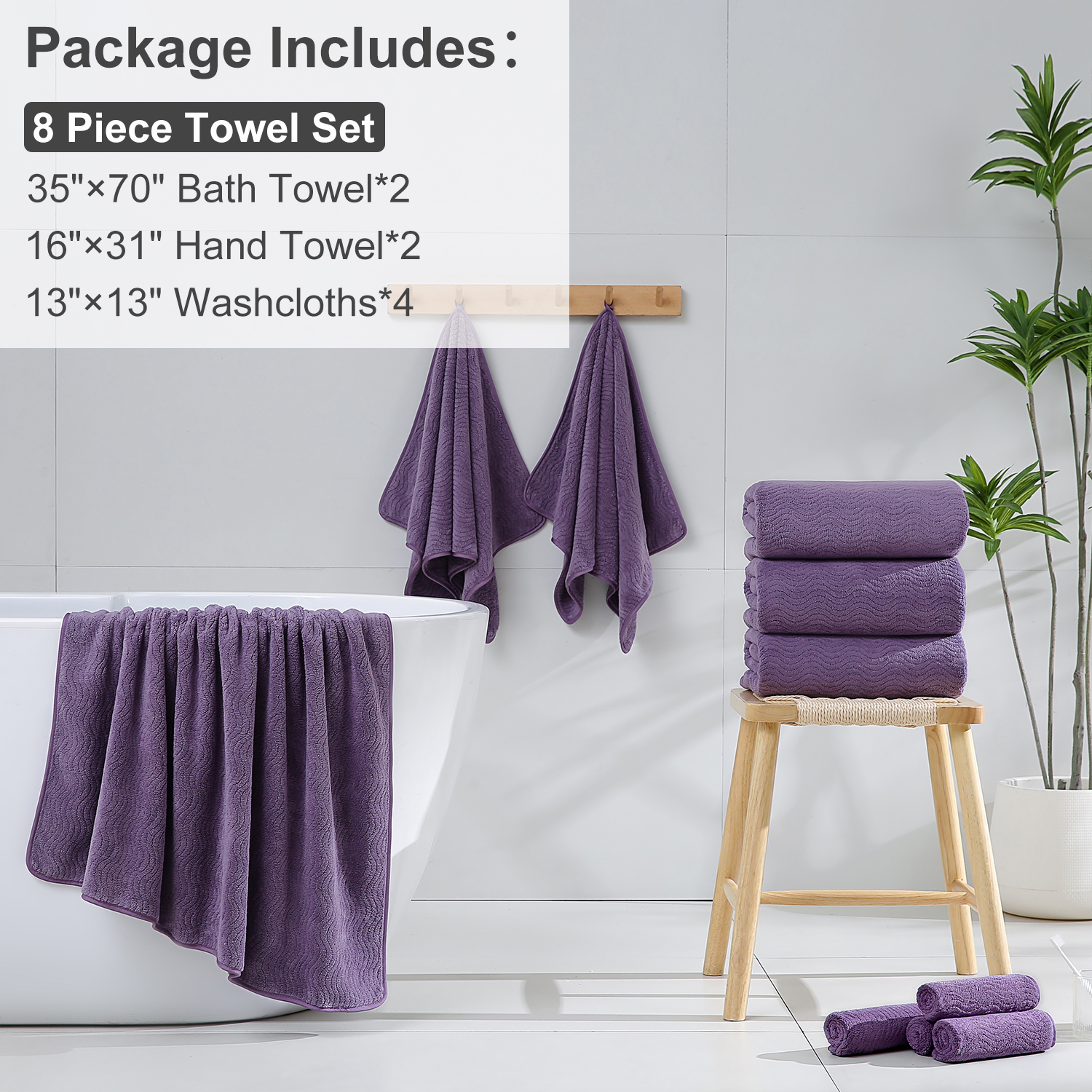 Covina Home 8 Pcs Bath Towel Set Dark Purple Microfiber Bathroom Towel Set Ultra Soft Plush Oversized Towels Adult Luxury Bath Sheet