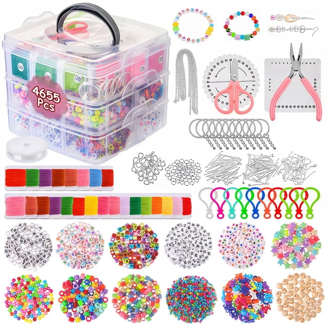 Cuentas para Pulseras, Sebami Kit para Hacer Pulseras con 4655 Piezas Accesorios, Kit Portátil de Manualidades,Cuentas para DIY con 3 Niveles de Cajas de Amacenamiento para Niños