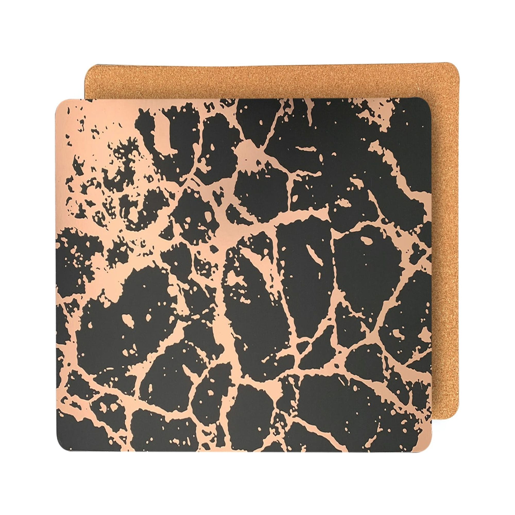 Dainty Home Marble Cork Foil Printed Marble Granite Designed Thick Cork Textured 15" x 15" Square Placemat Set of 4 in Black And Rose Gold