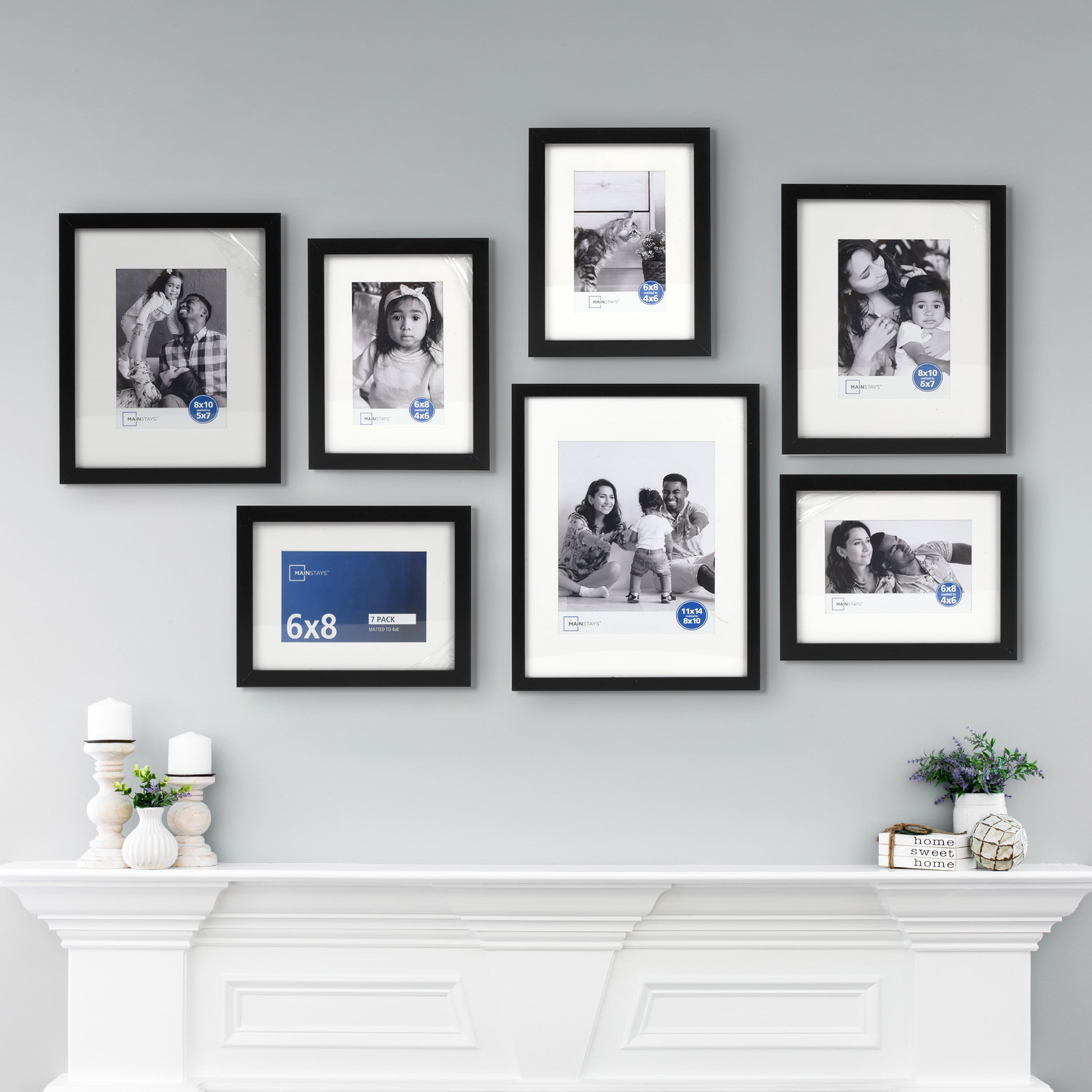 Mainstays Black Matted Picture Frame Set of 7 Multi-Size Gallery Wall Photo Frames