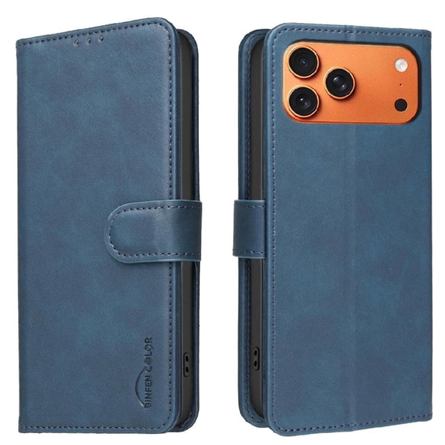 Wallet Case for iPhone 17 Pro RFID Blocking Flip Cover with Card Slots & Kickstand Blue