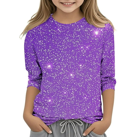Iyufng Girls Shirts,Sequin Gradient Print Casual Shiny 3/4 Sleeve Crew Neck T-Shirts Children's Tops Pullover Base Trendy Comfort Tees