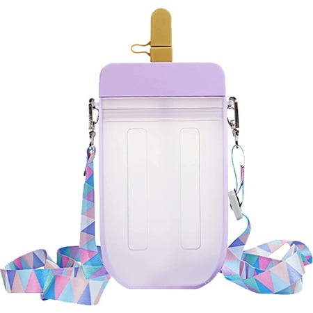 

300ml Water Bottle with Straw BPA Free Plastic Ice Cream Shape Water Bottles Clear Drinks Bottle Liquid Container with Adjustable Shoulder Strap Leakproof Water Cup for Adults and Children