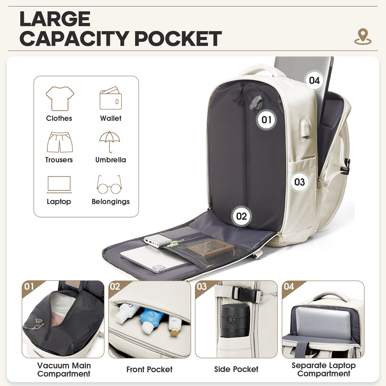 Vacpack Backpack with Vacuum Seal Travel Backpack Men, Vacuum Compression Backpack with Portable Air Pump, Vacuum Seal Carry on Backpack for Airplanes Women Laptop Airback Vac Pack Daypack Beige