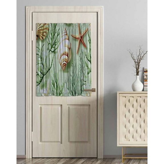 Sage Green Coastal Blackout Curtains French Door Curtains for Door Window, Summer Ocean Seaweed Shell Privacy Drapery for Patio/Sidelight Doors, 1 Panel with Tieback, 54 x 40 Inches